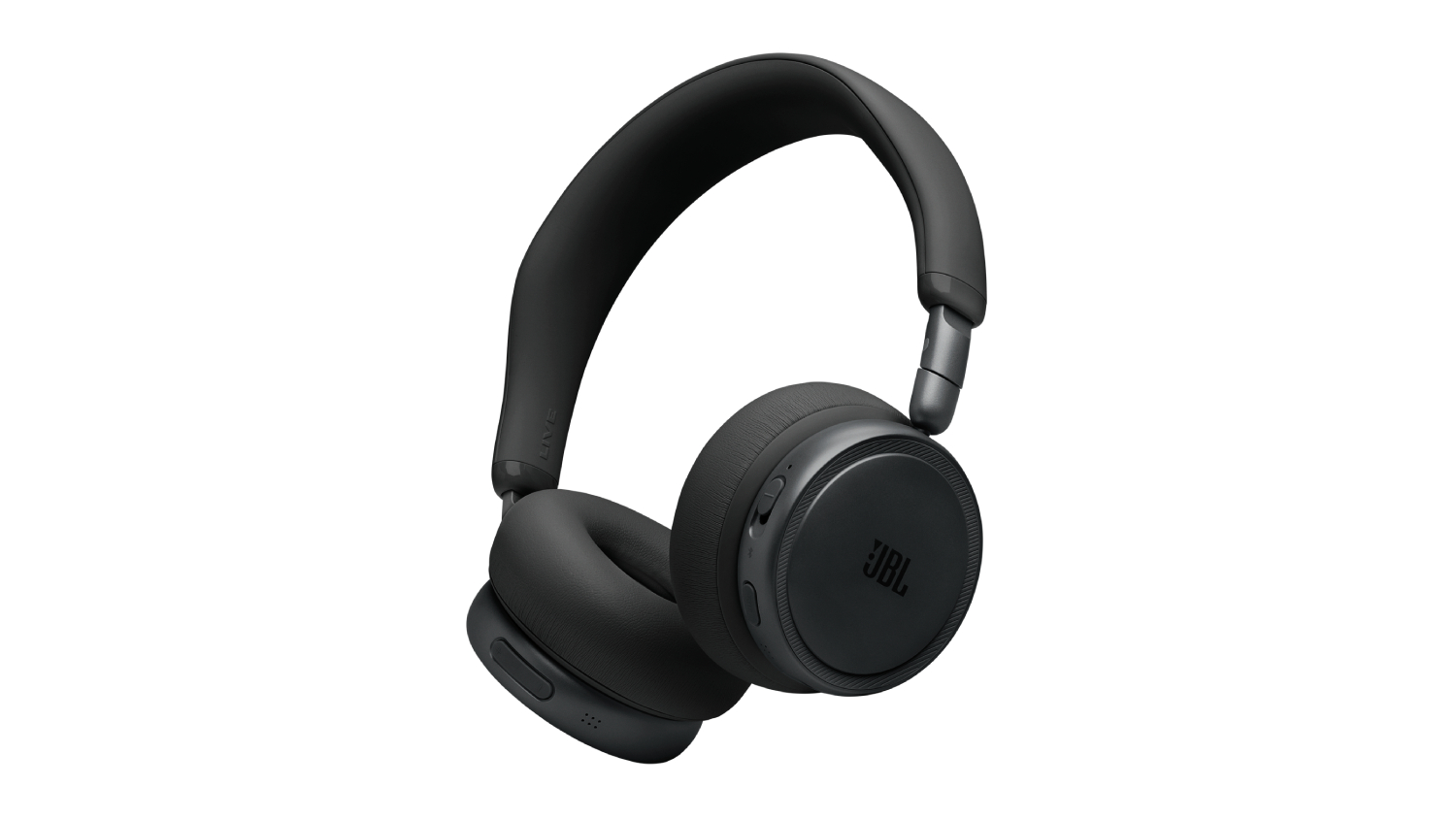Close-up of black JBL over-ear headphones at an angle, showing the earcup and padded headband