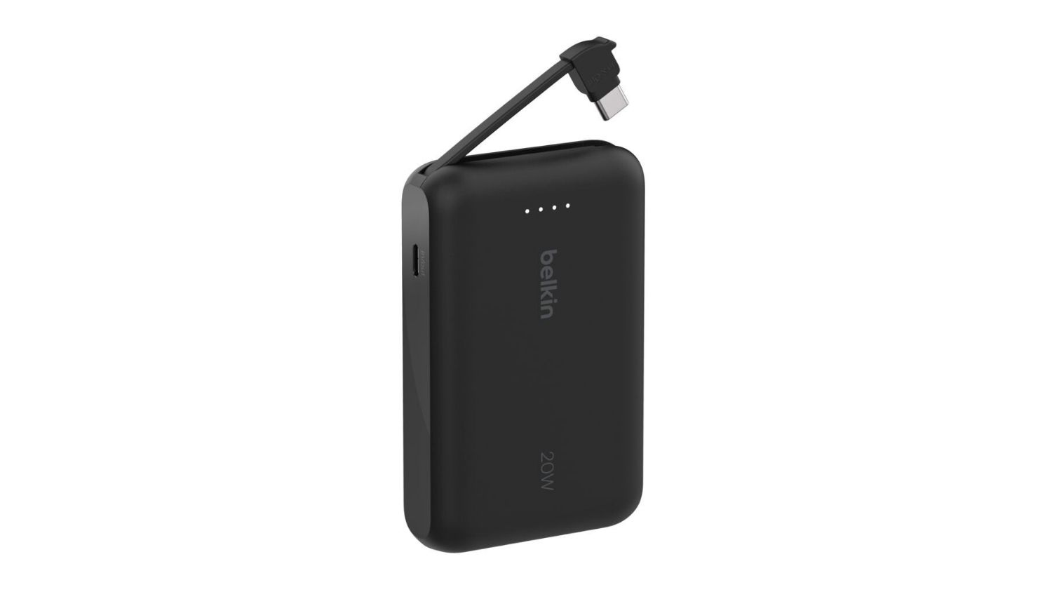 Black Belkin 20W power bank with attached USB‑C cable, extended compact design, and four LED indicators on the front surface
