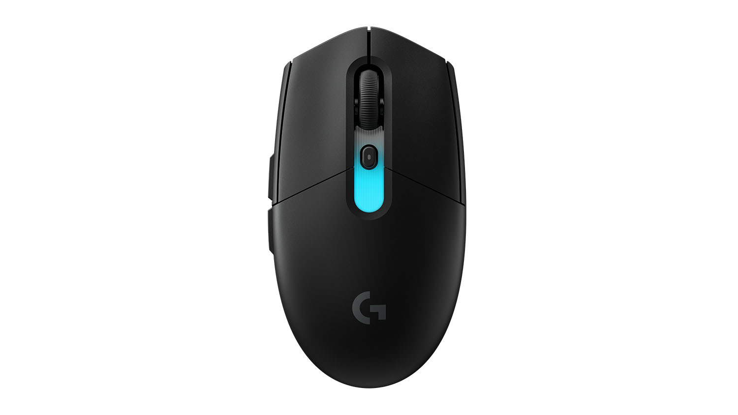 Black Logitech wireless gaming mouse viewed from above, featuring two main buttons and a scroll wheel