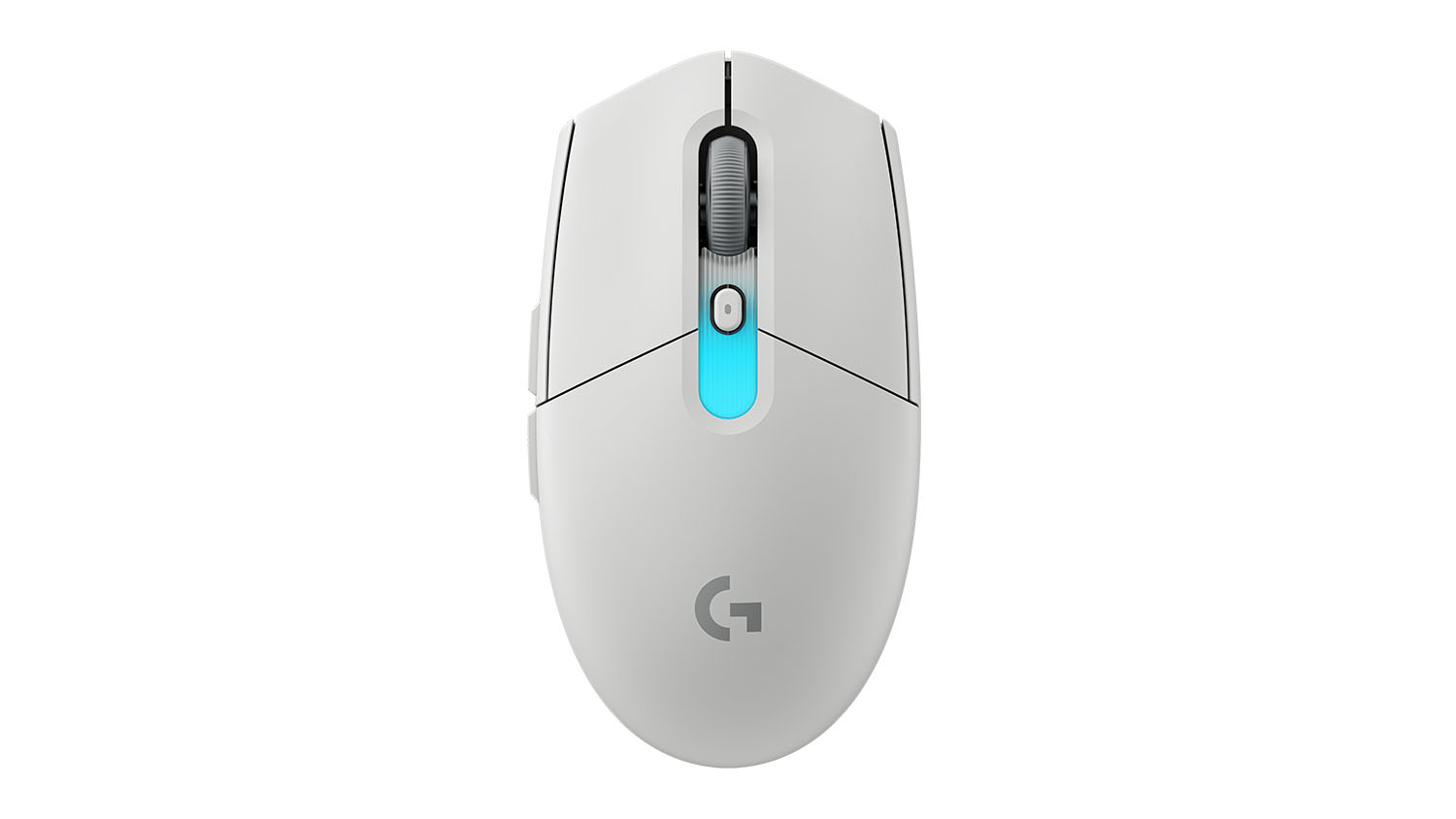 White Logitech wireless gaming mouse viewed from above, featuring two main buttons and a scroll wheel