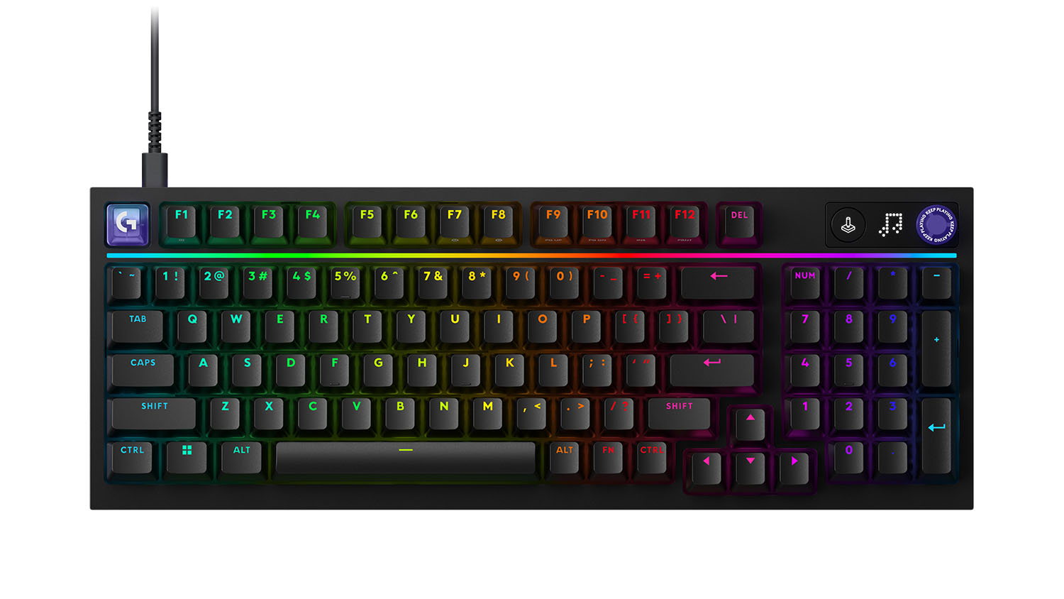 Top view of the Logitech black gaming keyboard with RGB backlighting and standard key layout