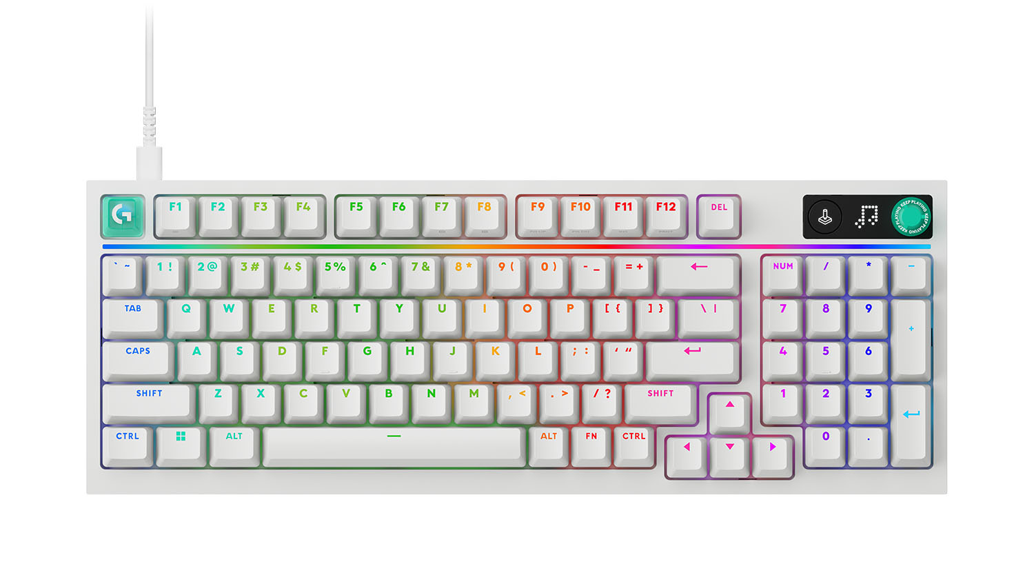 Top view of the Logitech white gaming keyboard with RGB backlighting and standard key layout
