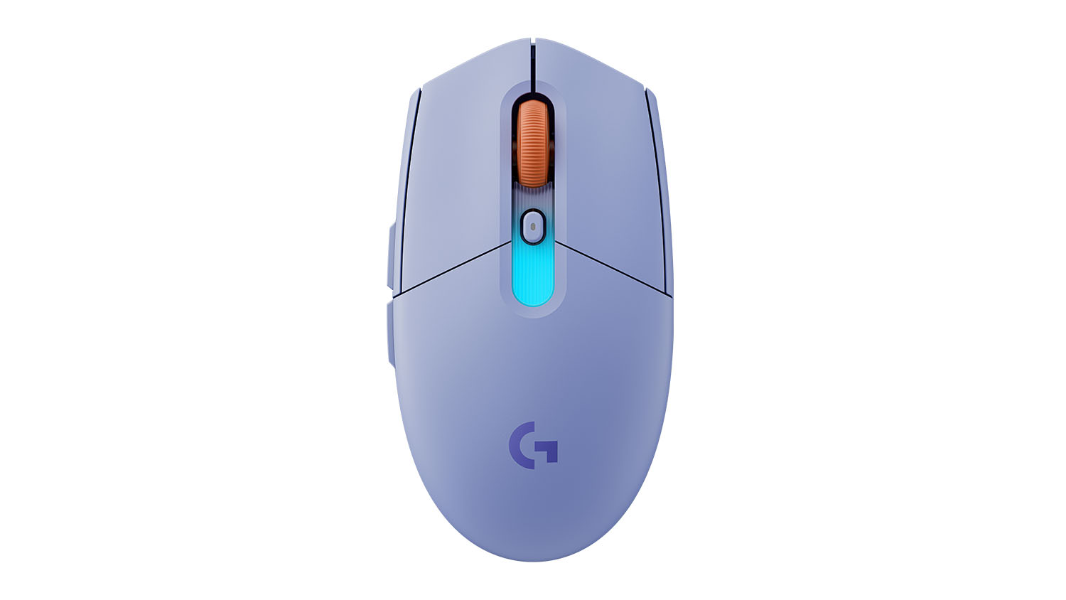 Lilac Logitech wireless gaming mouse viewed from above, featuring two main buttons and a scroll wheel