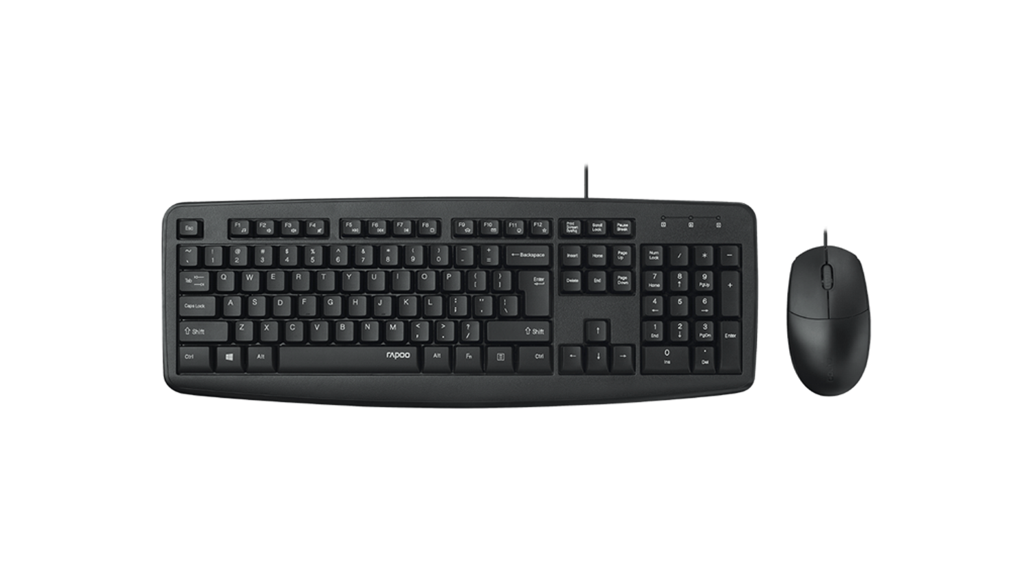 Top-down view of Rapoo NX1600 black wired keyboard with numeric keypad and matching wired optical mouse