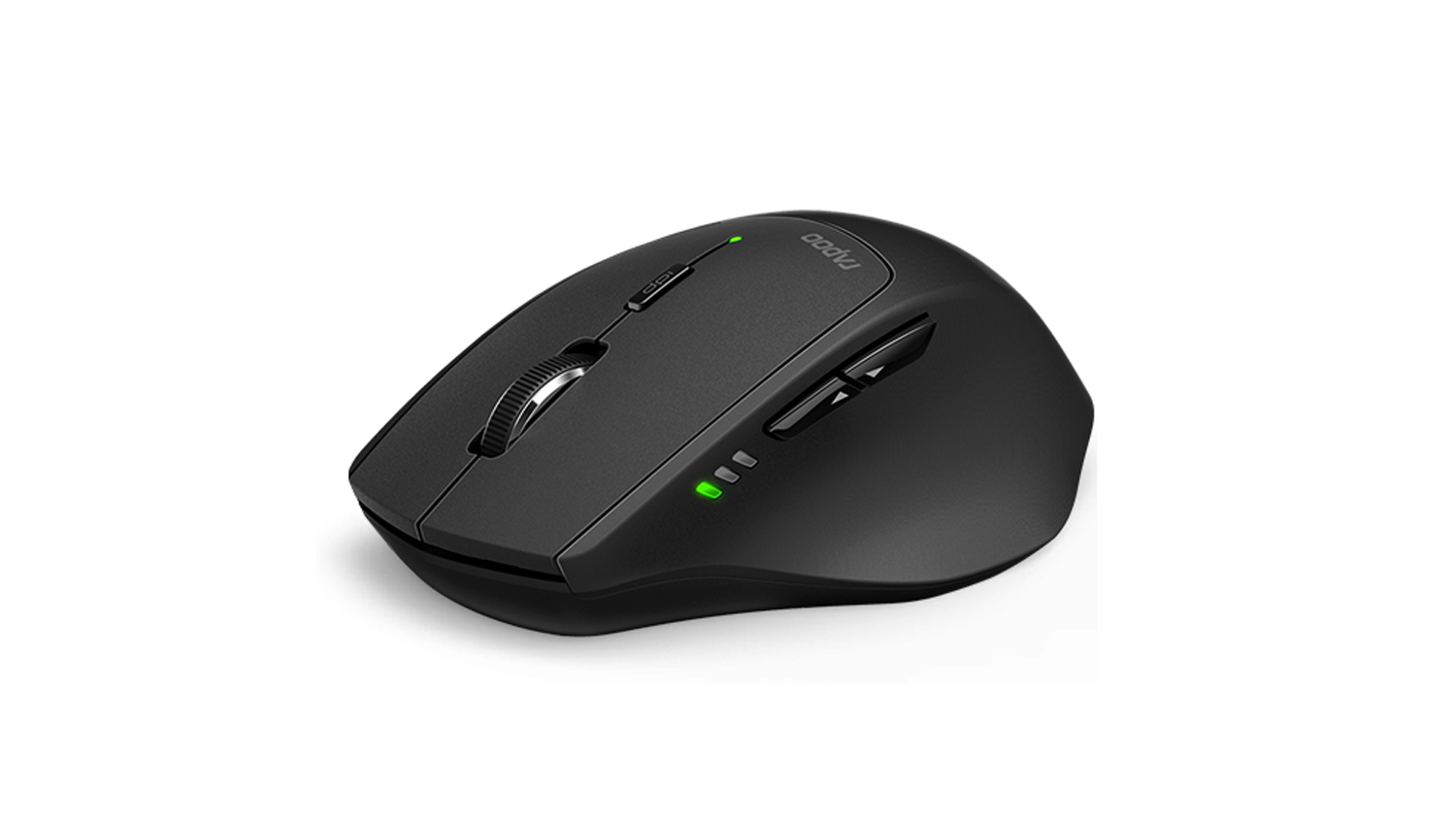 Black Rapoo MT550 wireless multi-mode optical mouse shown at an angled side view