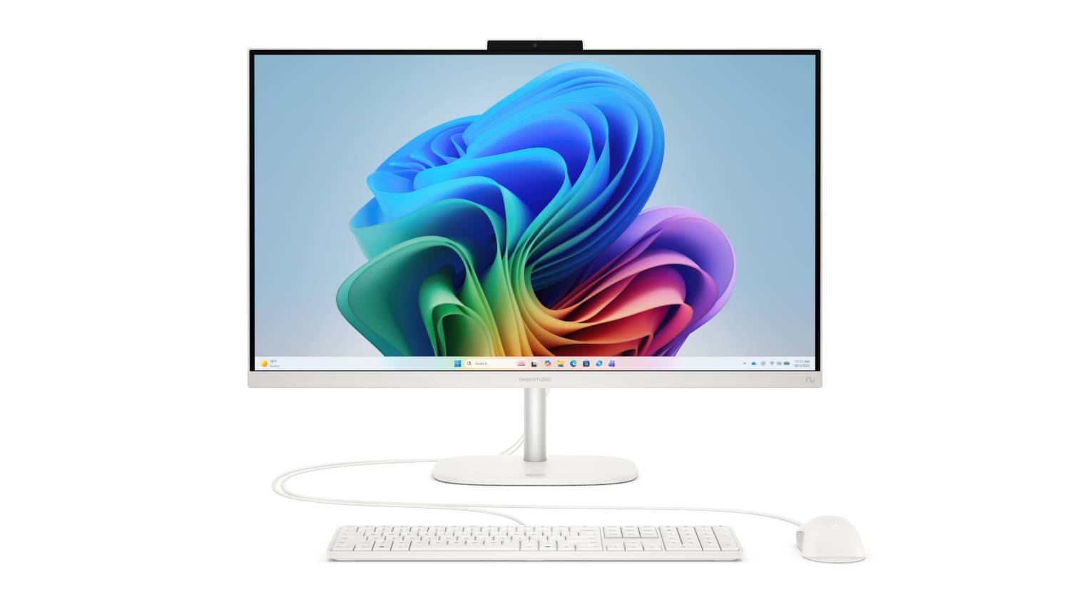 Front view of the HP OmniStudio 27-inch all-in-one desktop in cotton white, featuring a large display