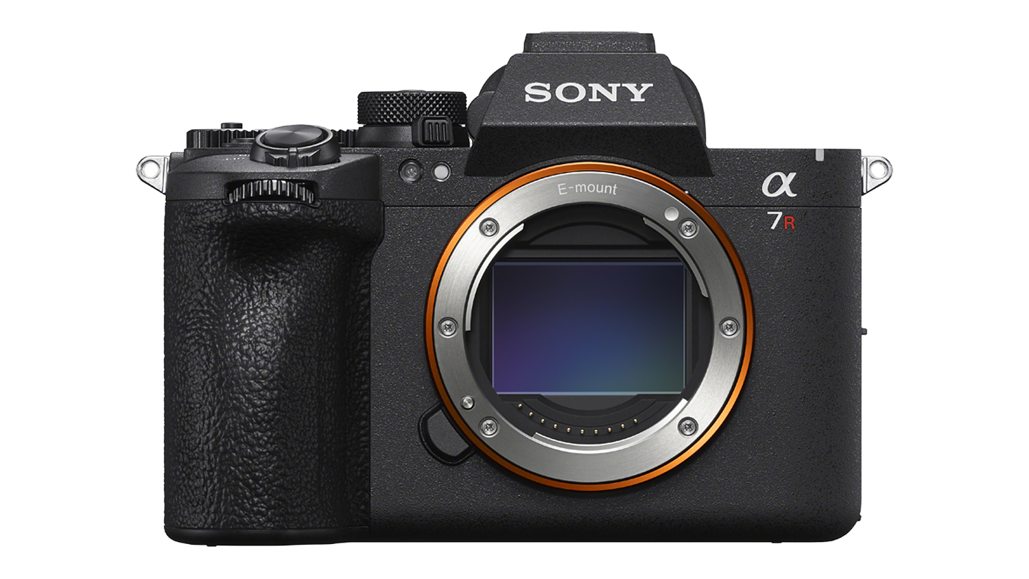 A front straight-on view of the black Sony Alpha 7R VI camera body with its open E-mount sensor visible
