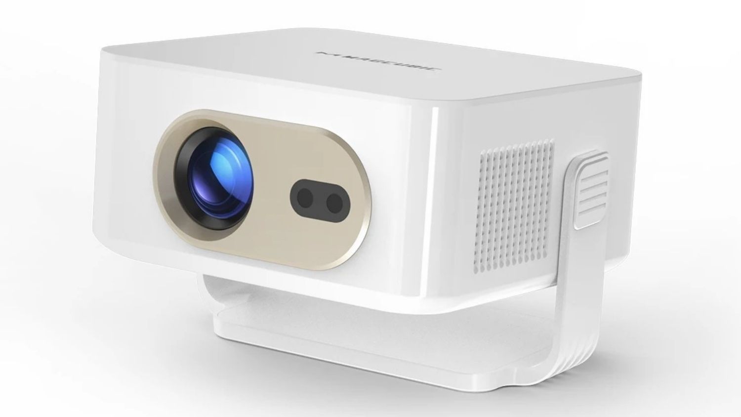 A left-angled view of a white, compact Magcubic home projector showing its lens and adjustable stand base