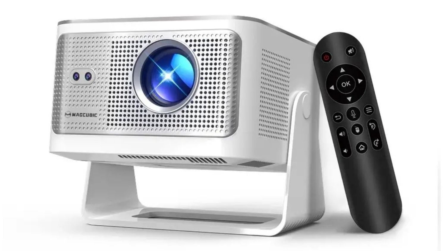 A left-angled view of a white Magcubic projector on a U-shaped stand with a black remote control nearby