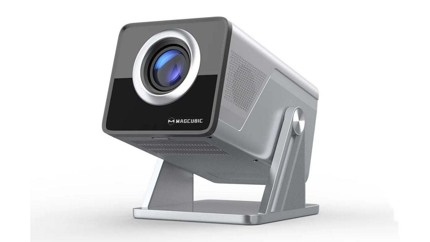 A left-angled view of a metallic grey Magcubic projector pointing upward on a silver stand