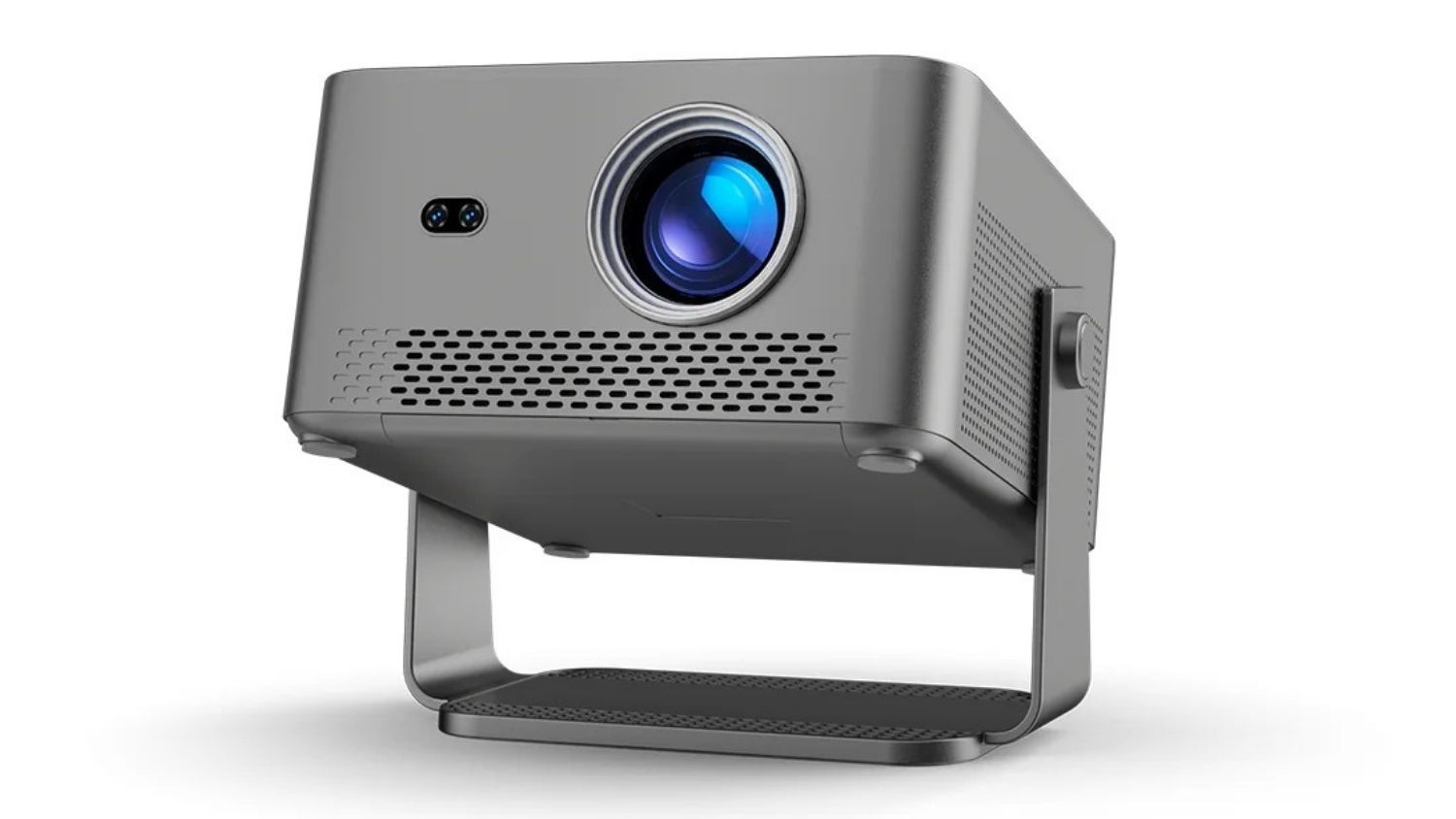 A left-angled view of a grey Magcubic projector tilted upward on a U-shaped metal stand