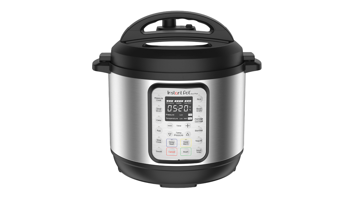 Front view of Instant Pot Duo Plus 5.7L stainless steel multi-cooker with digital control panel, black lid, and side handles