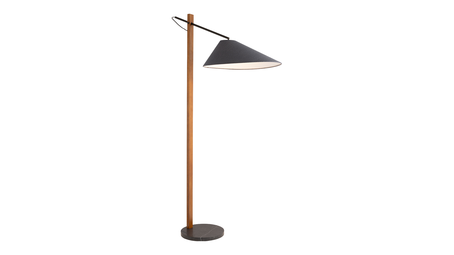Tall floor lamp with a slim wooden-look stand, round black base, and angled black metal shade