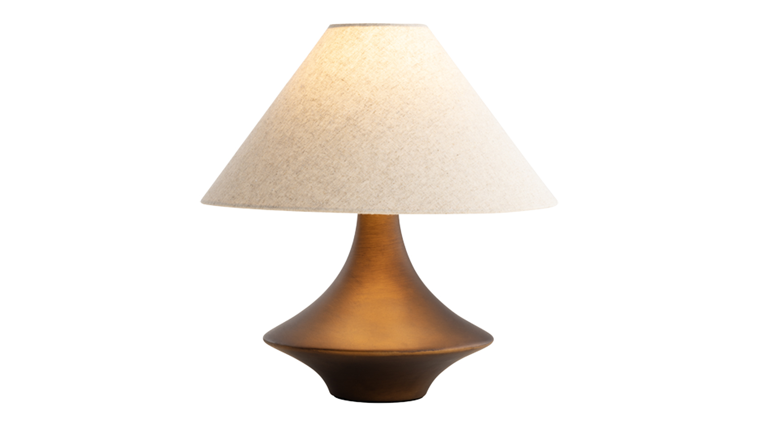 Bronze table lamp with sculpted base and light fabric shade, shown against a plain light background