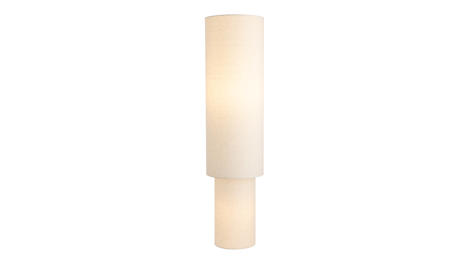 Tall natural floor lamp with a cylindrical fabric shade and base, softly lit