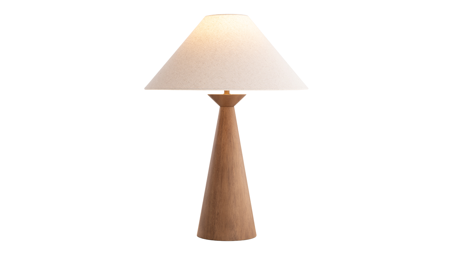 Walnut table lamp with a tall, tapered wooden base and wide fabric shade, softly lit