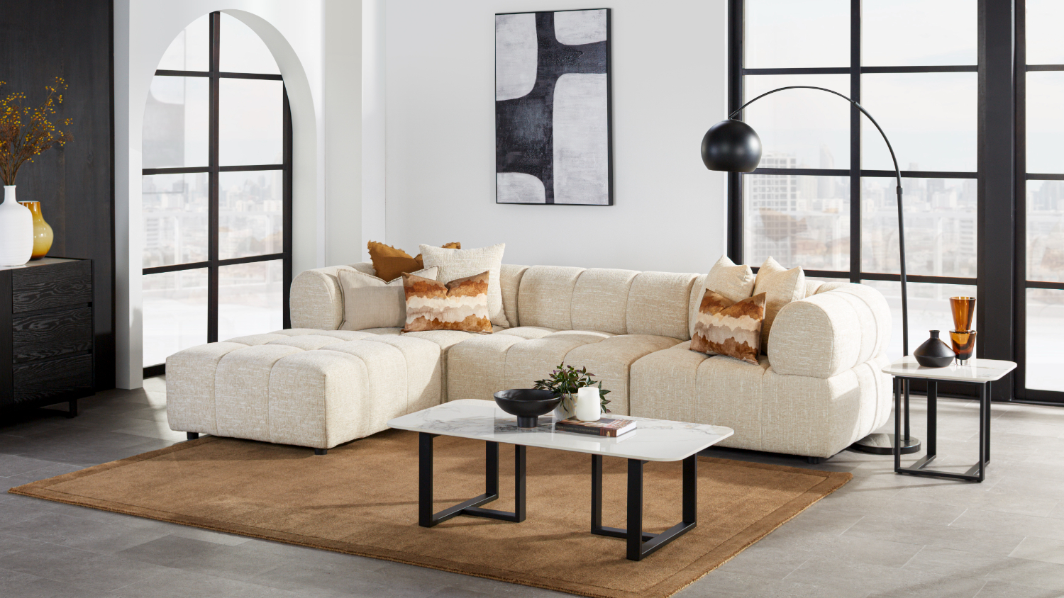 Adelaide Modular Sofa configured with a chaise in a modern living room setting