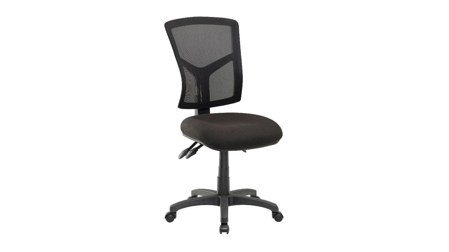 An angled view of Jasper J ADV Air II Mesh High Back Chair with a black mesh backrest, fabric seat, and a wheeled base