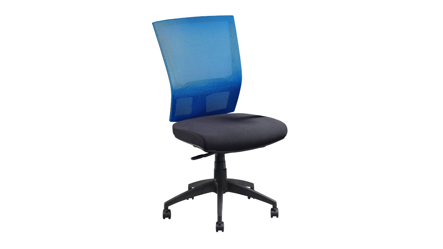 An angled view of the Jasper J ADV Air Plus chair featuring a vibrant blue mesh backrest and a black cushioned fabric seat