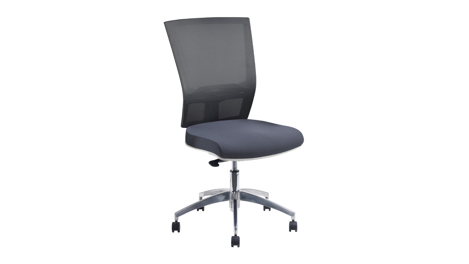 Black mesh JASPER J Adv Air Plus chair with a curved back, cushioned seat, and chrome swivel base on casters