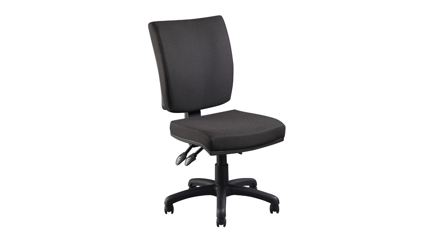 An angled view of Jasper J ADV Plus Chair with a high square backrest, black fabric, and wheeled base