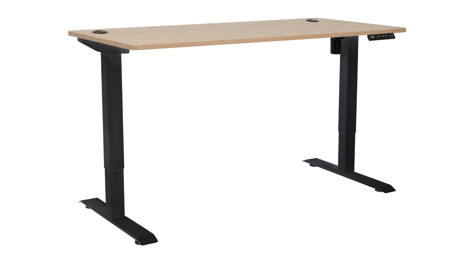JASPER J Pulse height-adjustable desk with a light wood top, black legs, cable grommets, and a digital control panel on the side