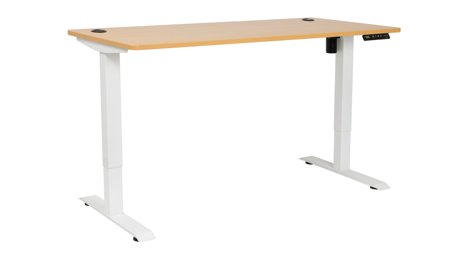 JASPER J Pulse height-adjustable desk with light wood top, white legs, cable grommets, and side-mounted digital control panel