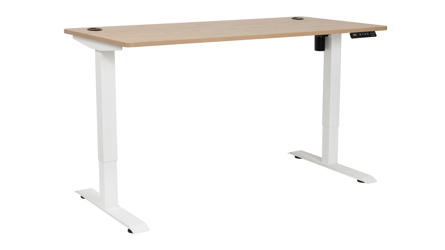 JASPER J Pulse height-adjustable desk with light wood top, white legs, cable grommets, and a side-mounted digital control panel