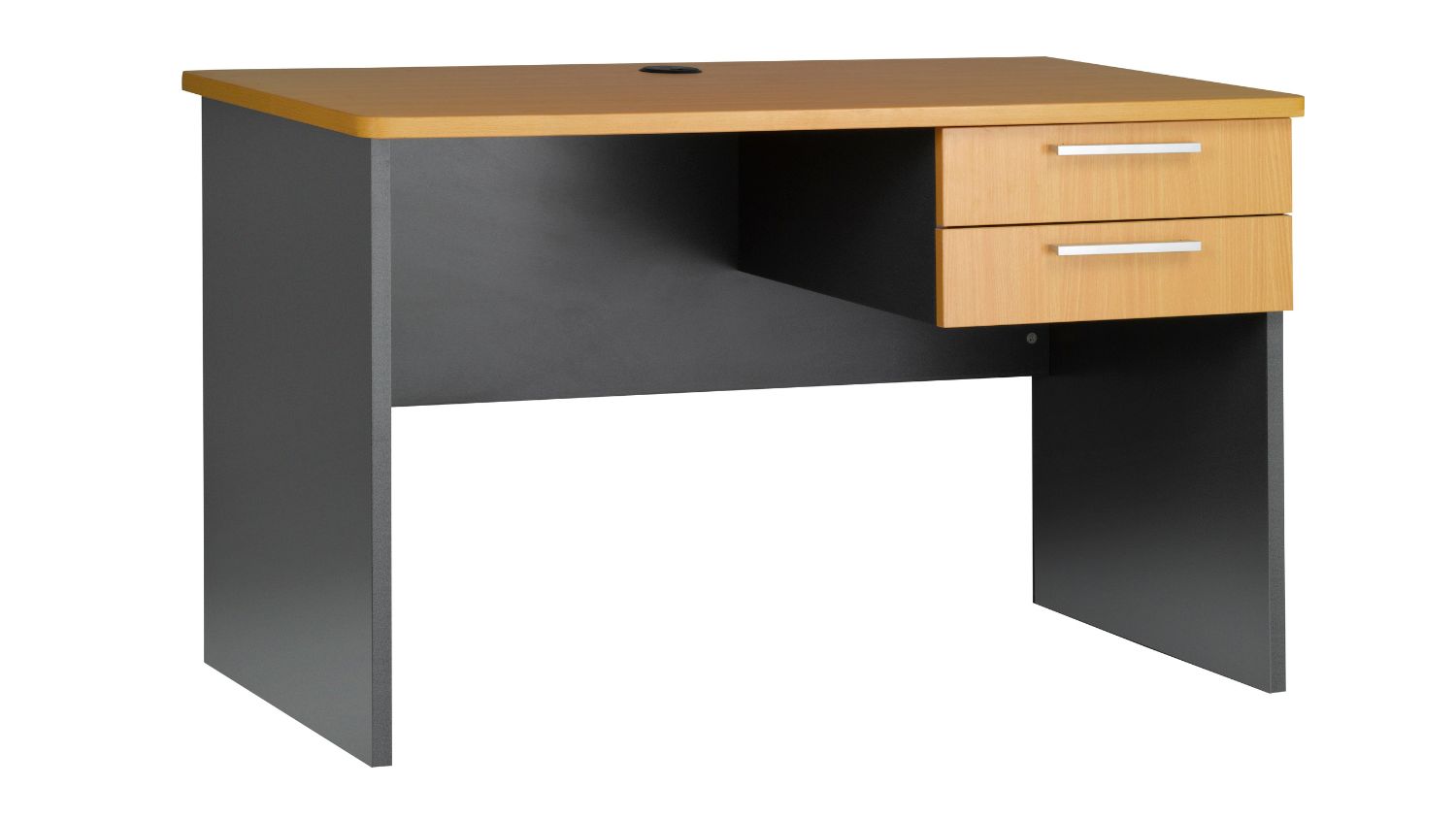 Jasper J Pulse Office Desk with light wood top, dark panels, two side drawers, and a round cable port on top