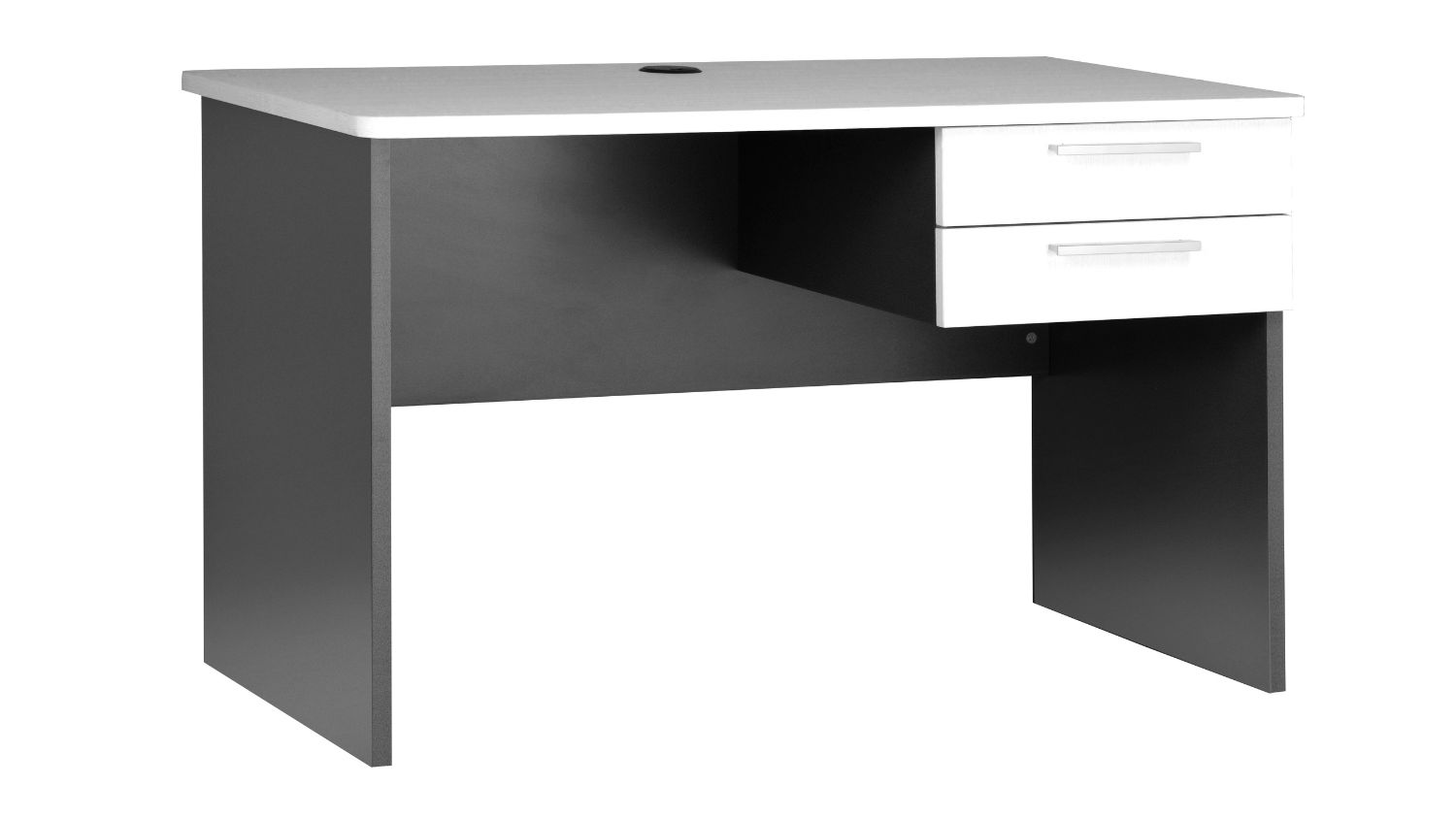 Jasper J Pulse Office Desk with white top, cable grommet, and two side drawers