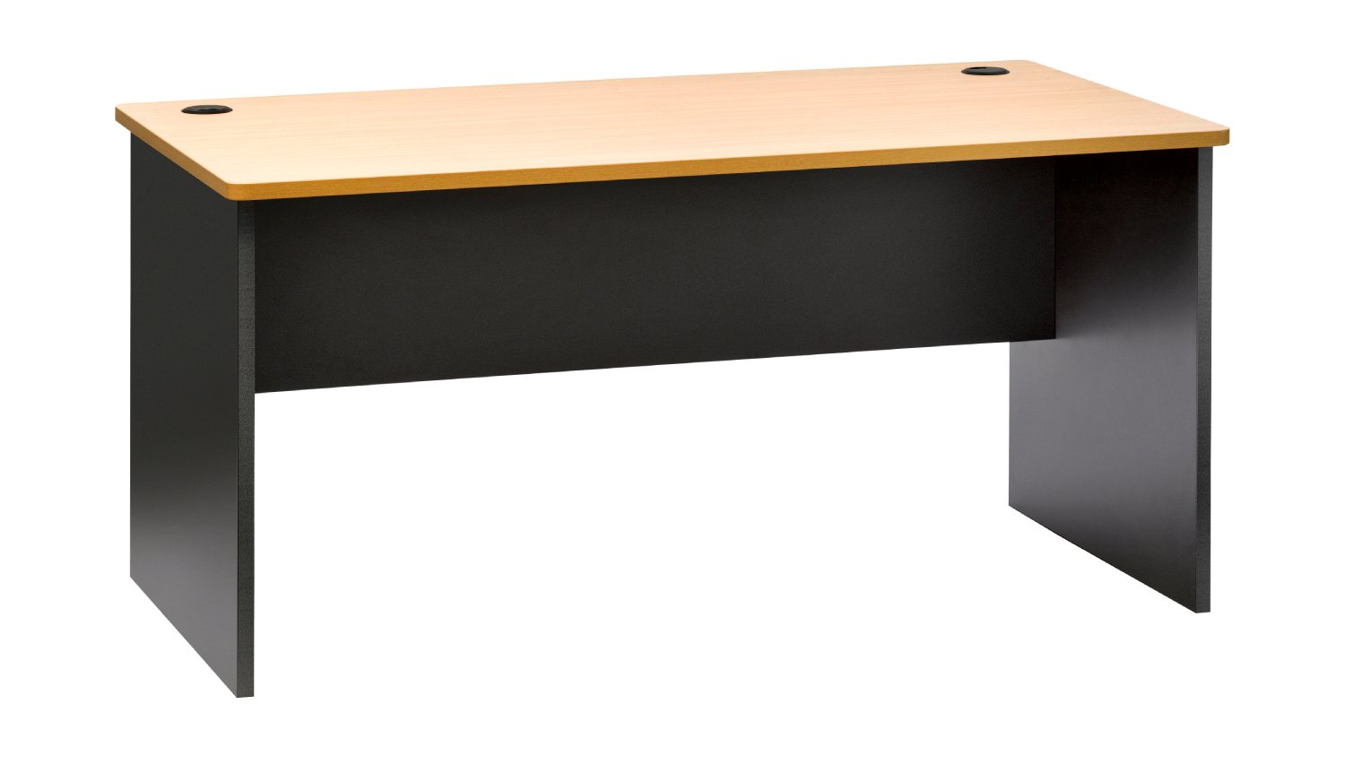 Rectangular JASPER J Pulse slab-end office desk with a light wood top, black sides, and two cable grommet holes