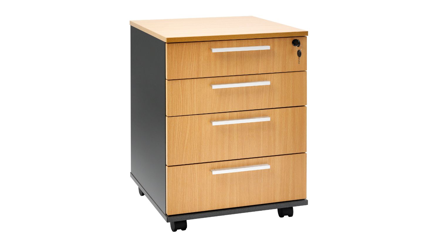 An angled view of a mobile 4-drawer office cabinet with a light wood front, black sides, and keys in the top lock