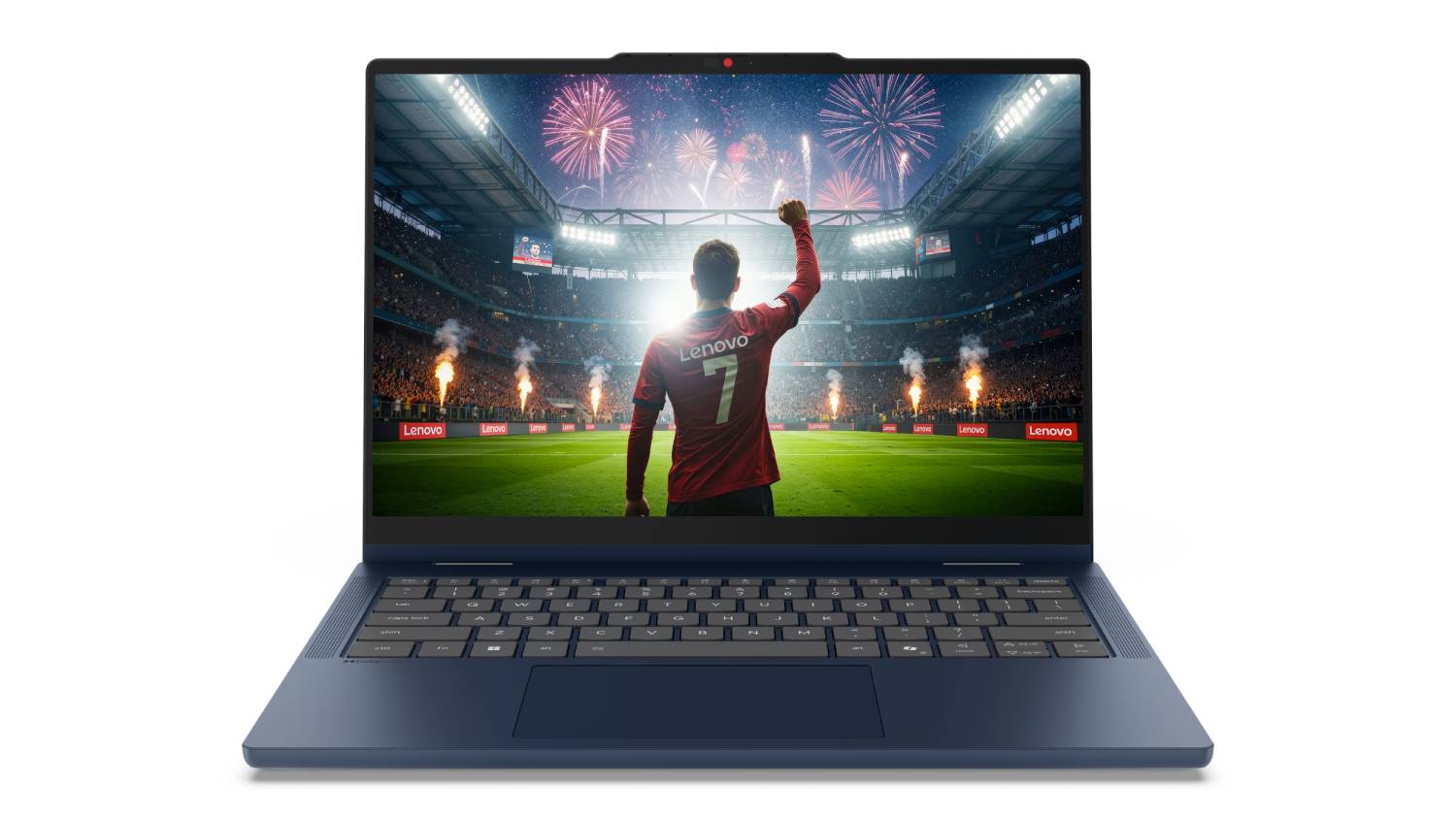 Lenovo IdeaPad 5i (11th Gen) 14" 2-in-1 Laptop open, soccer stadium scene on display with player raising arms
