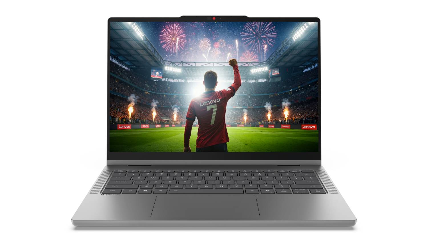 Front view of Lenovo IdeaPad 5i 2‑in‑1 laptop in Luna Grey, open with a stadium scene on screen