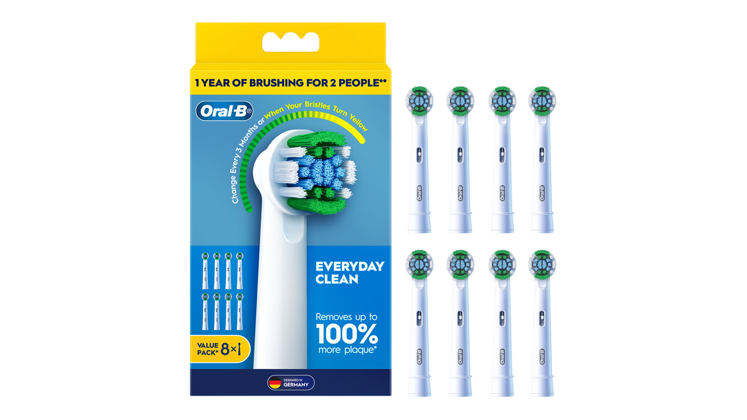 Eight Oral-B Everyday Clean Replacement Brush Heads and retail box side by side
