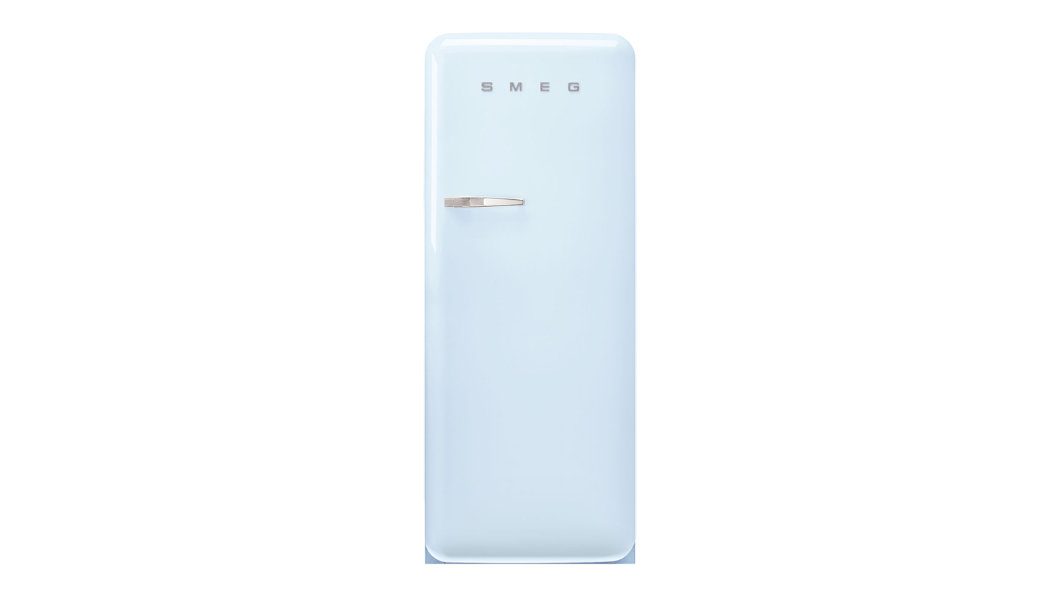 A front view of a closed Smeg 50s Style 270L Single Door Vertical Fridge Freezer with a single chrome door handle