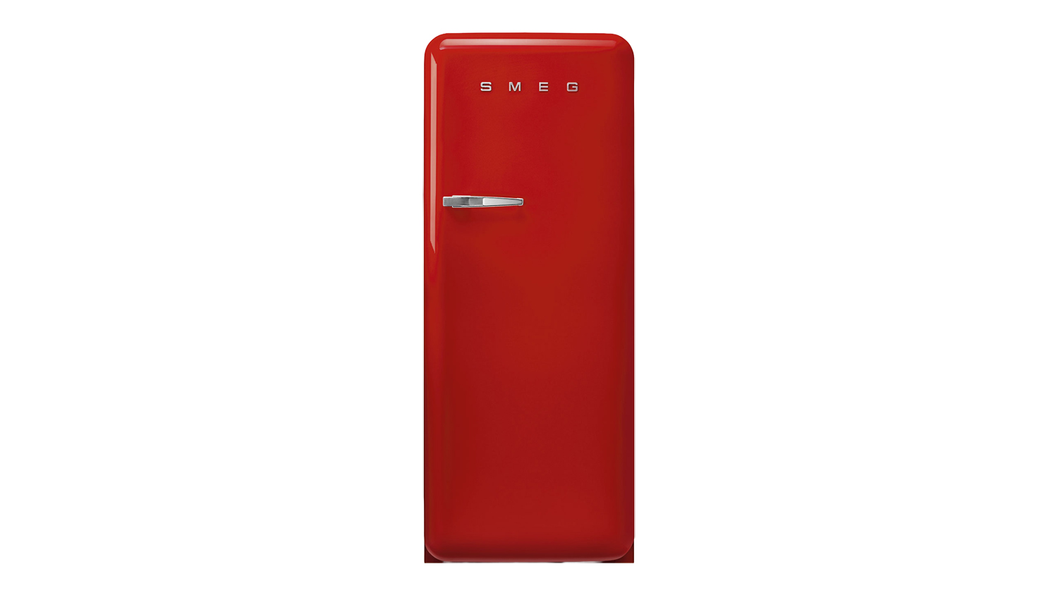A front view of a closed Smeg 50s Style 270L Single Door Vertical Fridge Freezer with a single chrome door handle