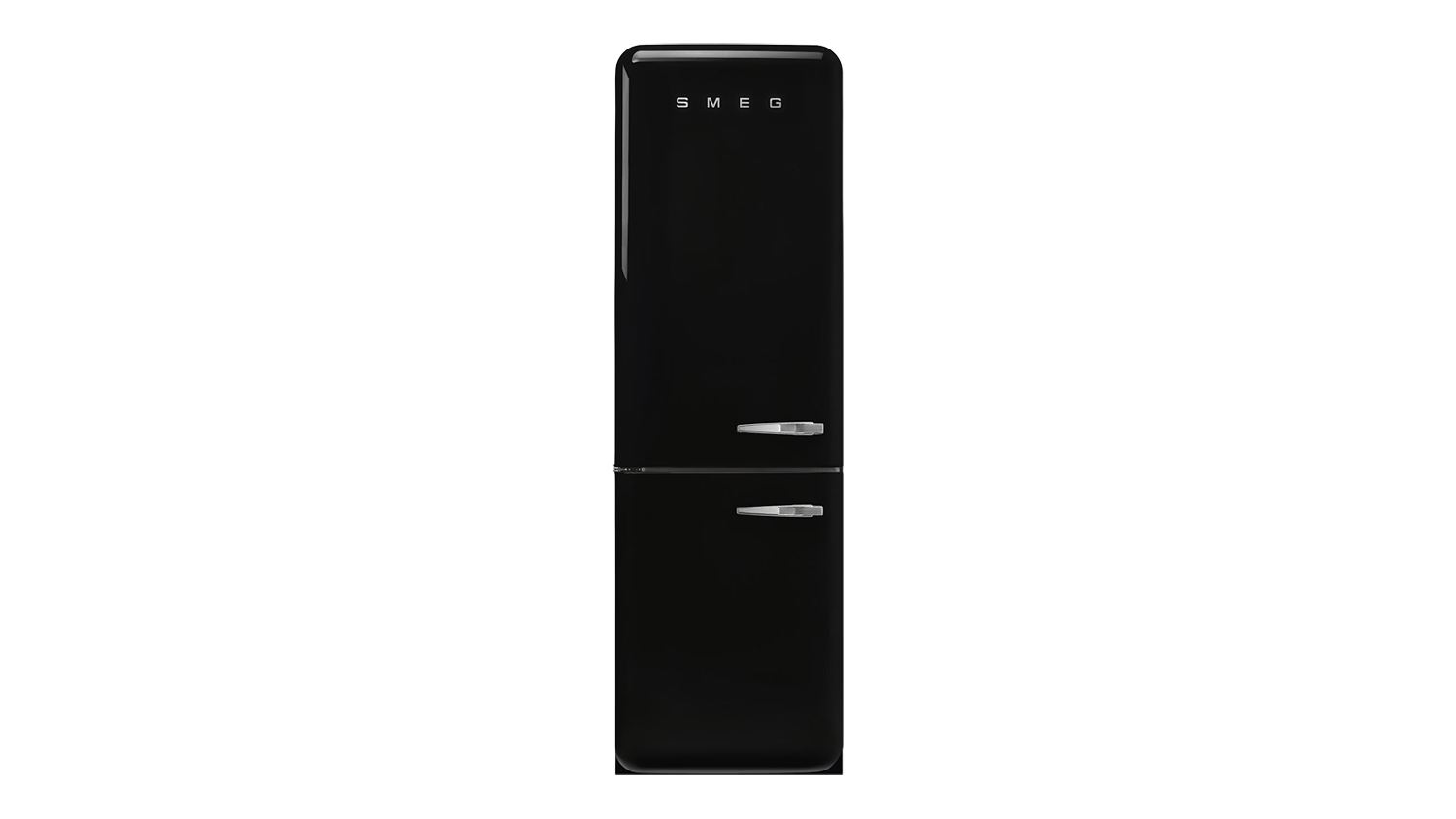 Black retro-style Smeg 50s Style 331L bottom-mount fridge freezer with two doors and chrome handles
