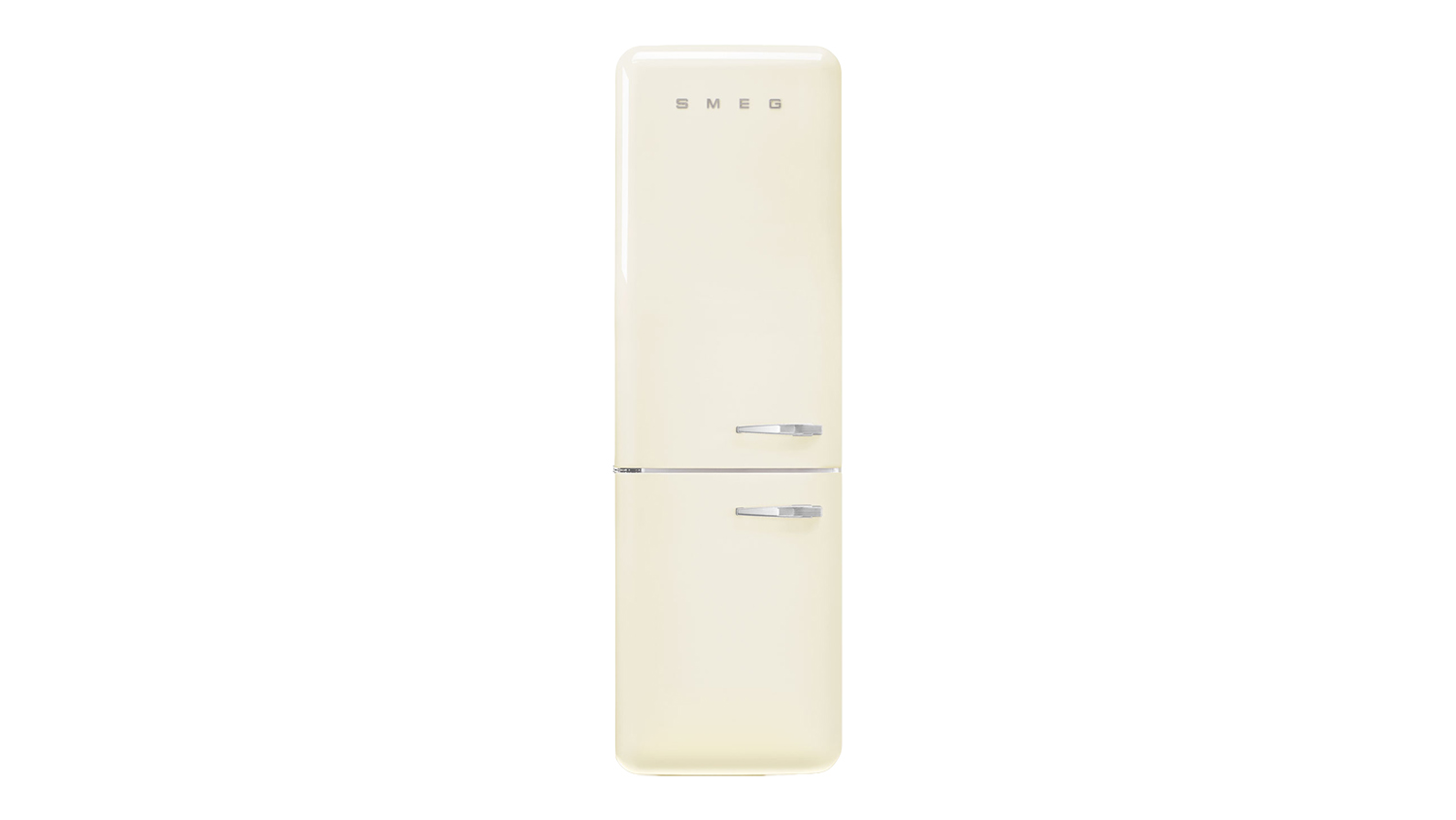 Cream Smeg 50s Style 331L bottom-mount fridge freezer with chrome handles