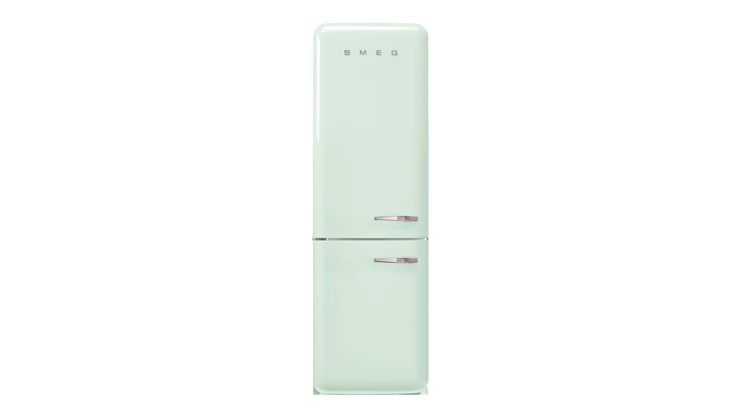 A front view of a closed Smeg 50s Style 331L Bottom Mount Fridge Freezer with left-mounted chrome handles