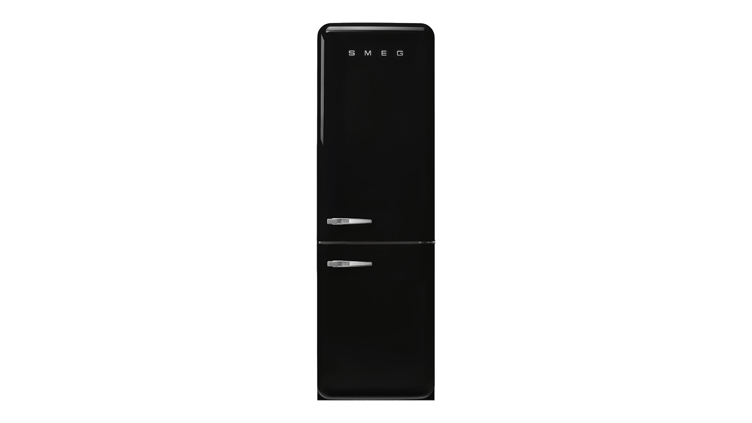 Front view of black Smeg 50s Style 331L fridge freezer with chrome handles and rounded retro design
