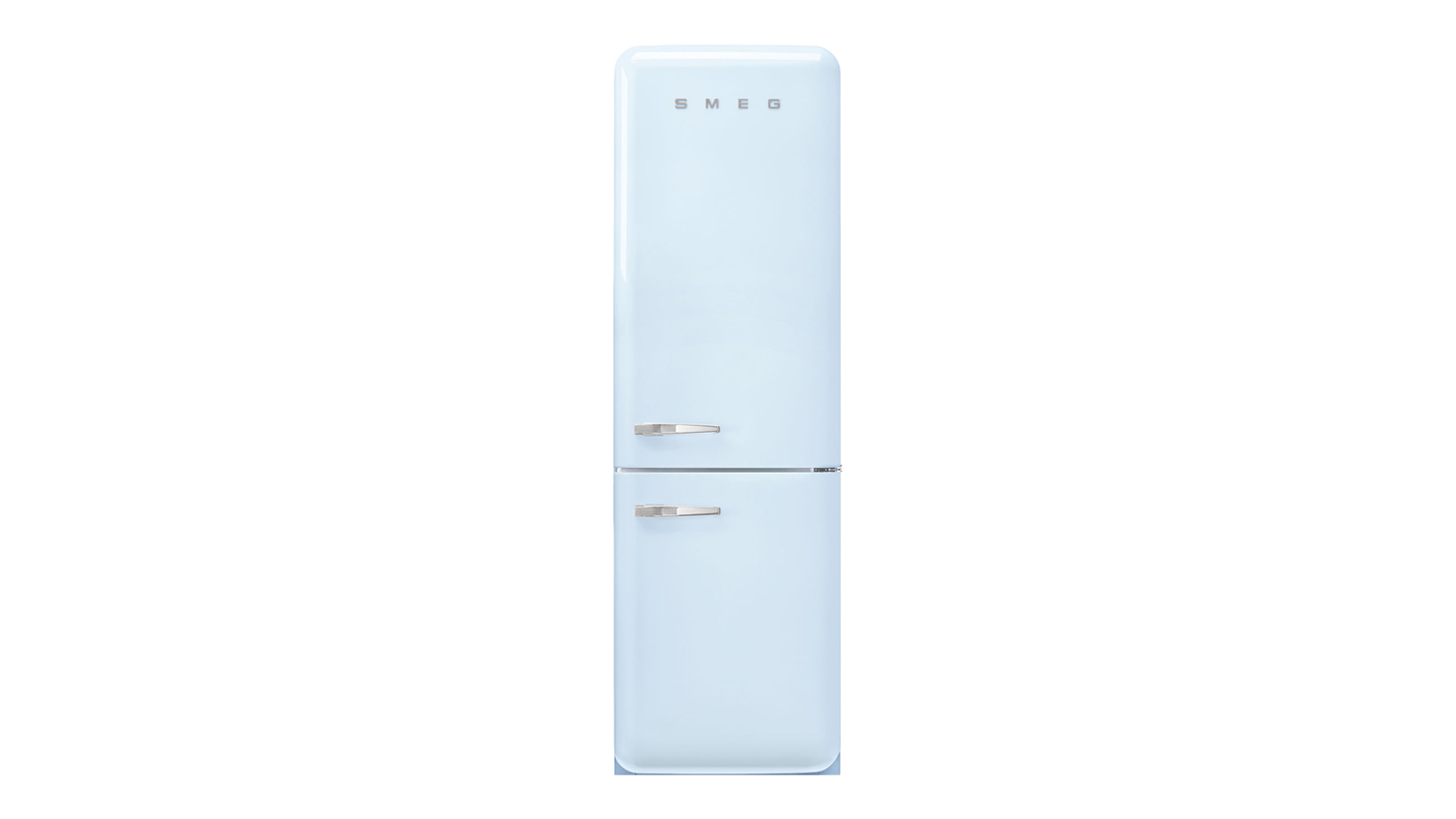 A front view of the Smeg 50s Style 331L Bottom Mount Fridge Freezer with two doors and chrome handles