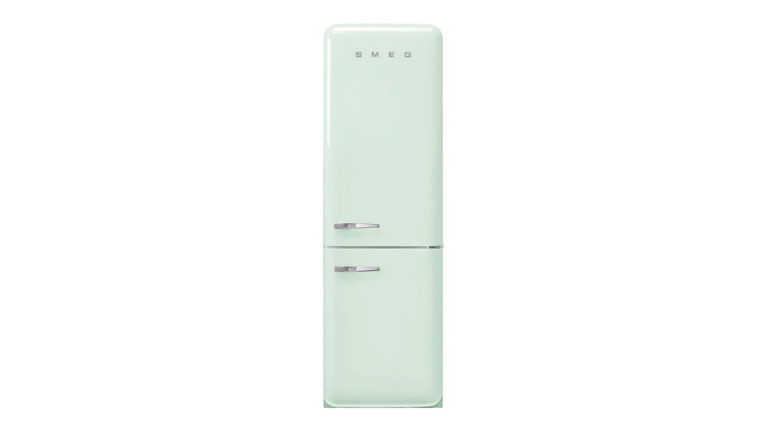 A front view of a Smeg 50s Style Refrigerator with a bottom freezer, featuring distinctive chrome handles and a rounded top