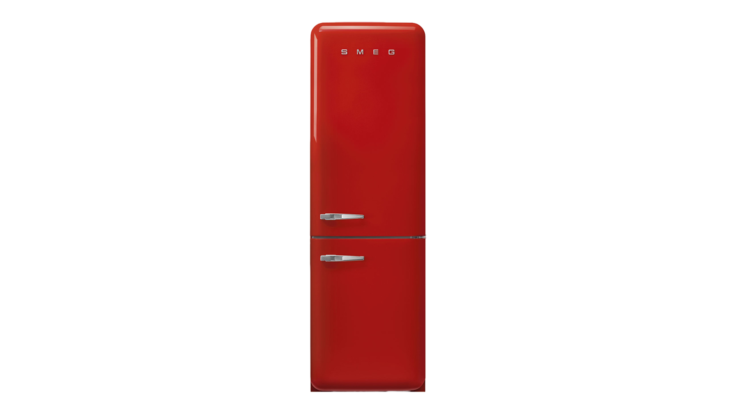 A front view of a Smeg 50s Style Refrigerator with a bottom freezer, featuring distinctive chrome handles and a rounded top