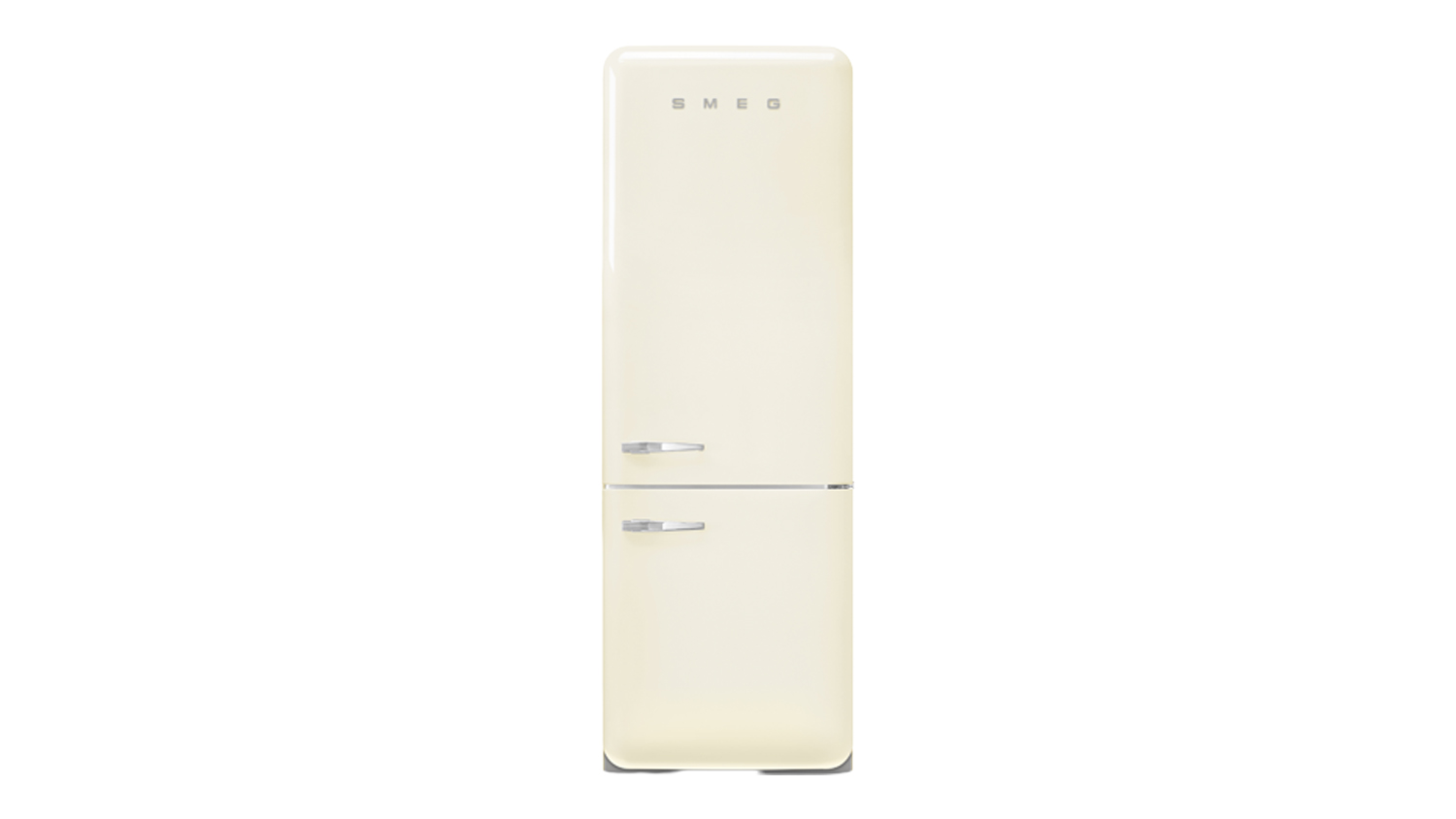 Front view of cream Smeg 50s Style 481L bottom mount fridge with top freezer