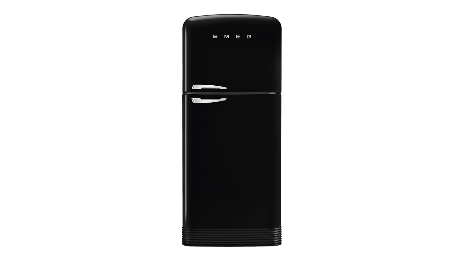 Front-facing black Smeg 50s Style 481L bottom mount fridge freezer with chrome handles