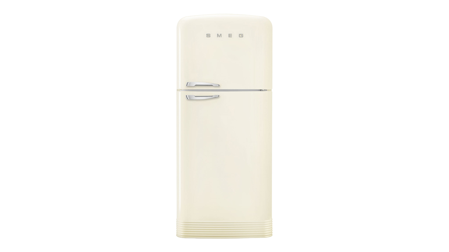 Front view of a cream Smeg 50s Style 524L top-mount fridge freezer with chrome handles and a rounded top
