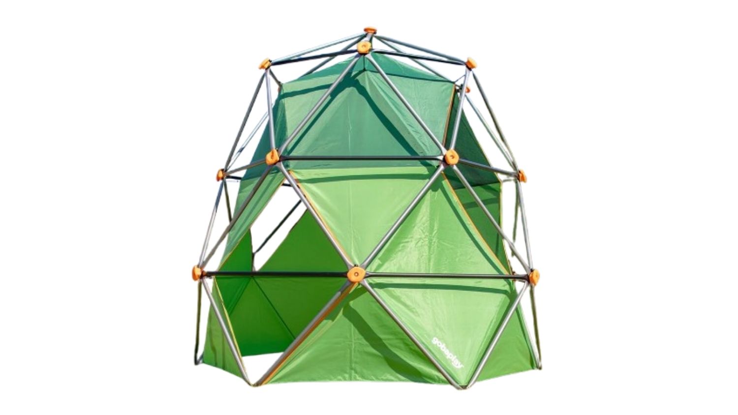 A front view of a green geometric climbing dome tent with orange connectors