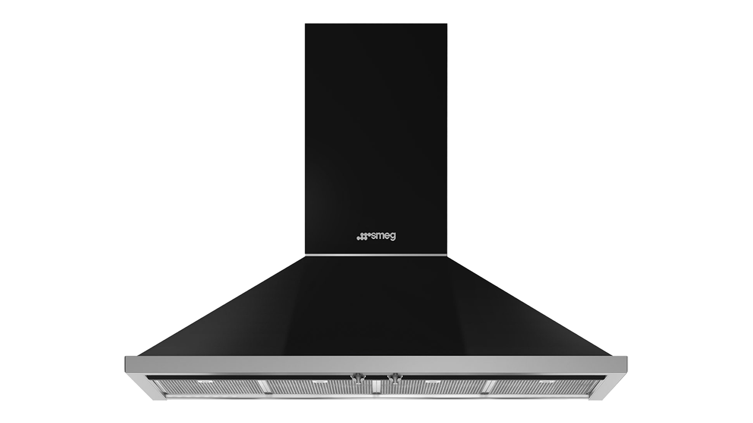 Black SMEG wall-mounted rangehood with angled canopy and stainless steel trim