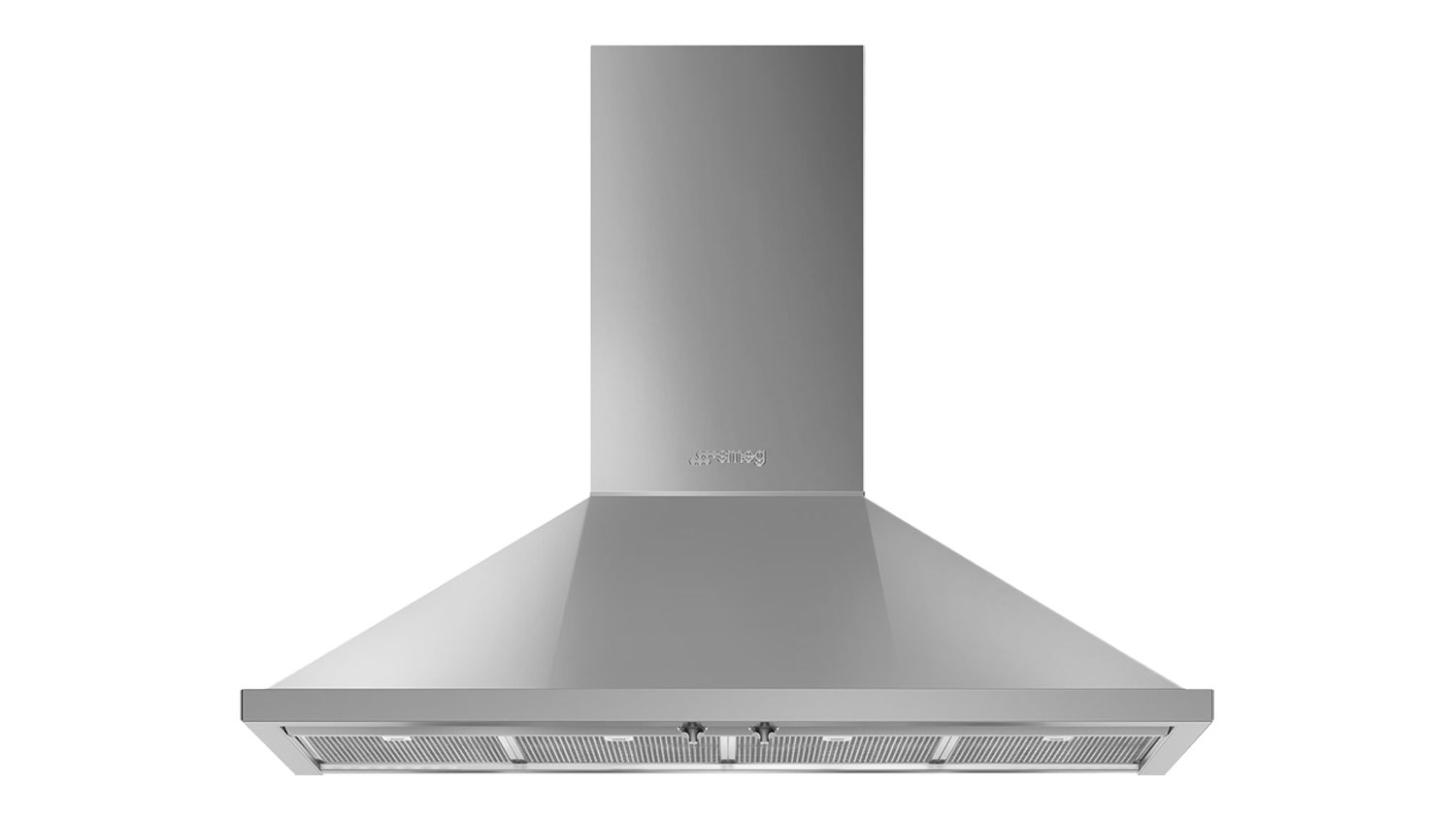 Front view of a stainless steel Smeg Portofino 120 cm wall-mounted rangehood with chimney
